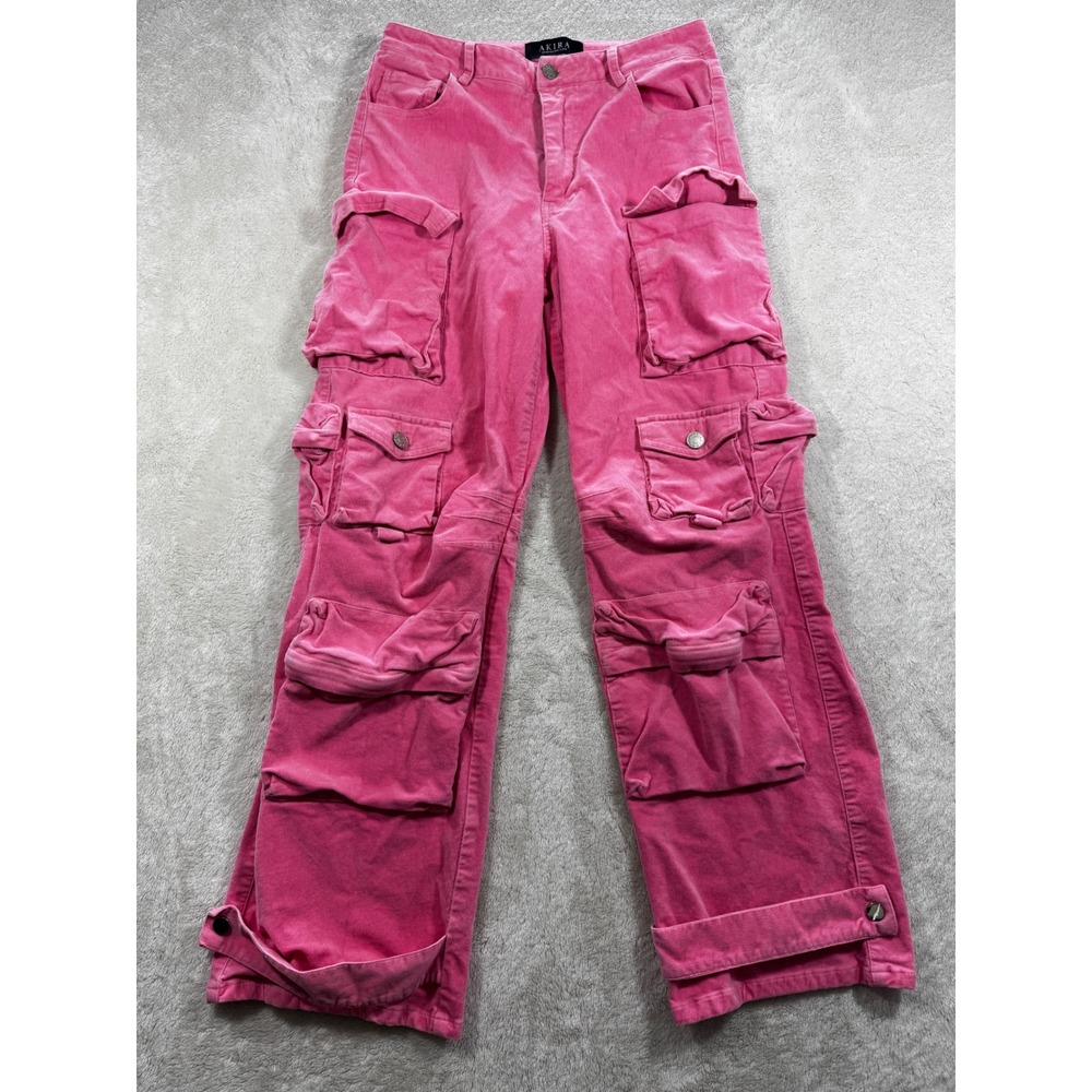 Akira Womens Cargo Multi Pocket Corduroy Pink Straight Leg Pants S Meas: 26x27.5